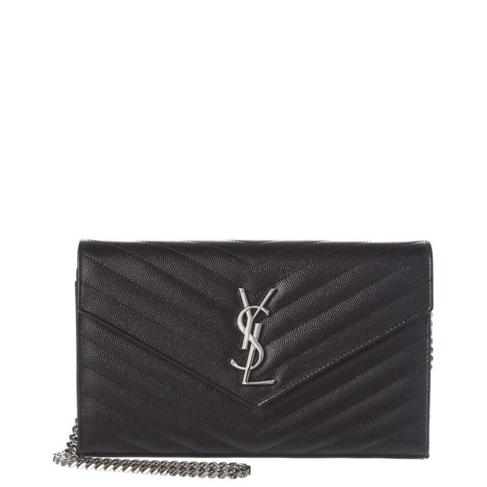 Saint Laurent Monogram Grain De Poudre Leather Wallet On Chain, Black